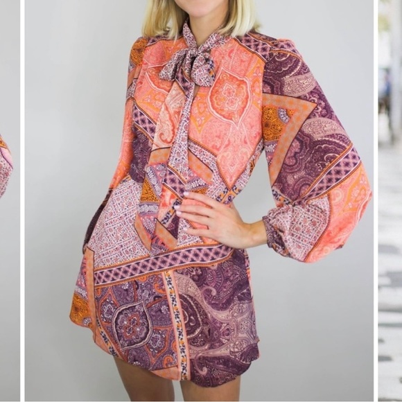 Divine Heritage Pussy Bow Long Sleeve Mini Dress Pink Size XS - Picture 14 of 14